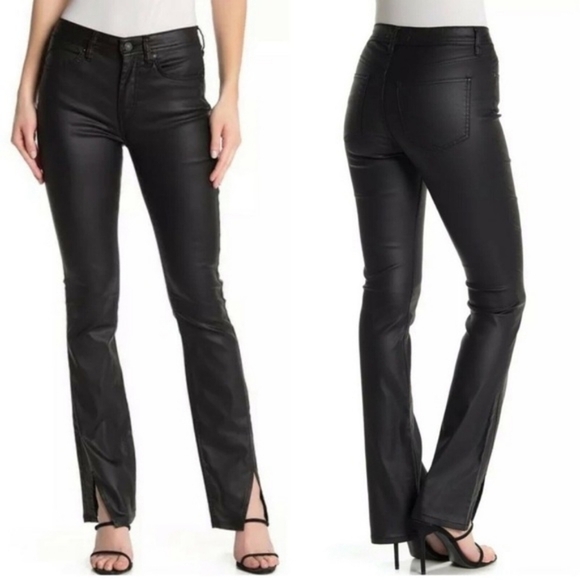 $118 Free People Spellbound Split Hem Black Coated High Rise Jeans - Picture 3 of 16